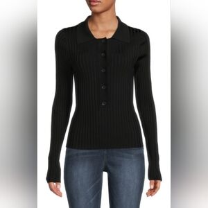 Good American Dark Navy Ribbed Button-Up Long Sleeve Cardigan Top Small/Medium
